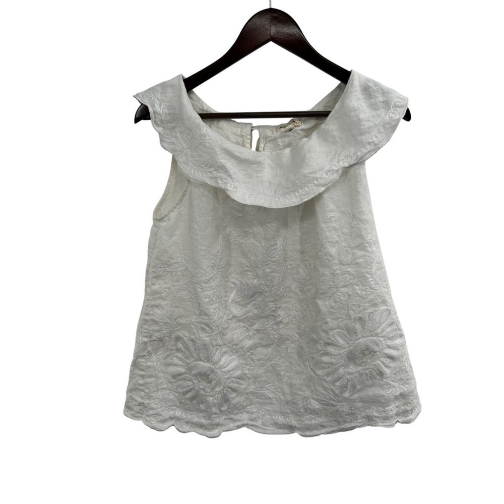 Anthropologie Meadow Rue Passiflora White Linen Top Sleeveless Ruffle SIZE 8